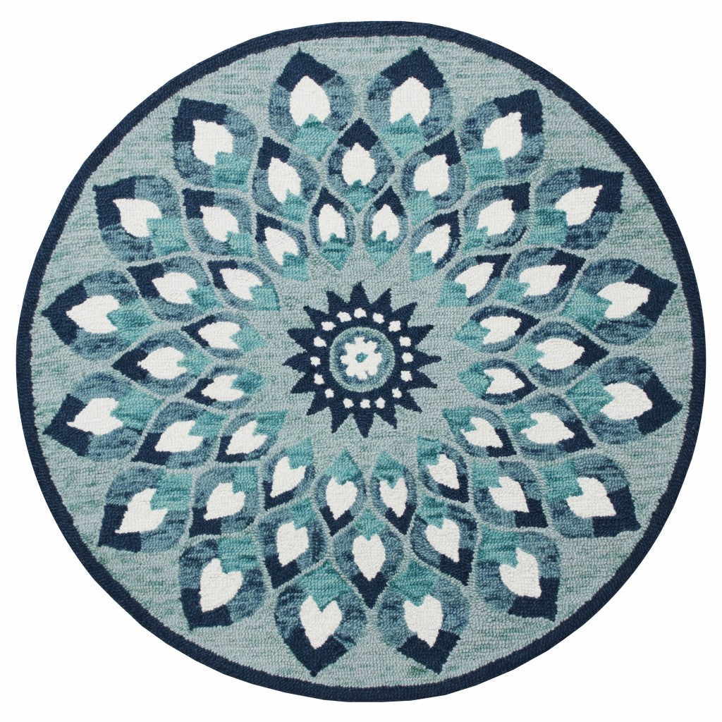 4 Round Blue and White Floral Feather Area Rug Image 1