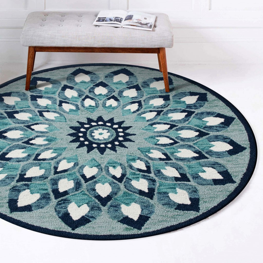 4 Round Blue and White Floral Feather Area Rug Image 9