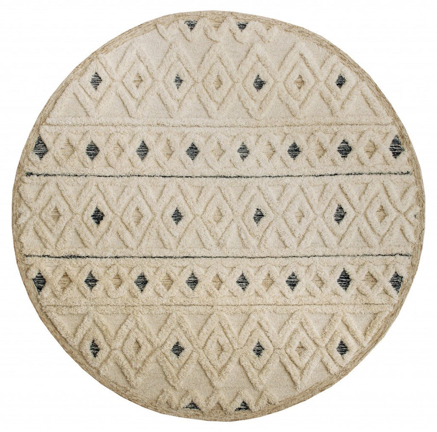 4 Round Cream and Blue Stripe Diamond Area Rug Image 1