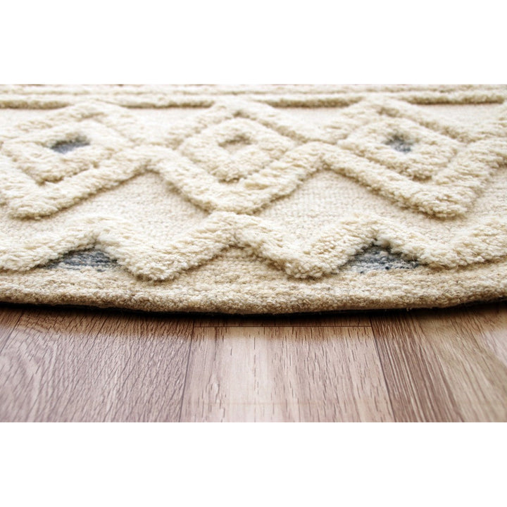 4 Round Cream and Blue Stripe Diamond Area Rug Image 7