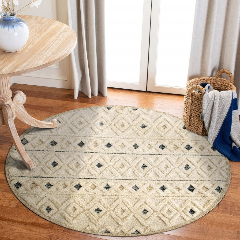 4 Round Cream and Blue Stripe Diamond Area Rug Image 9