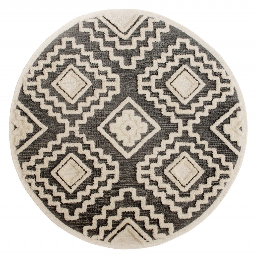 4 Round Gray and Cream Geometric Area Rug Image 1