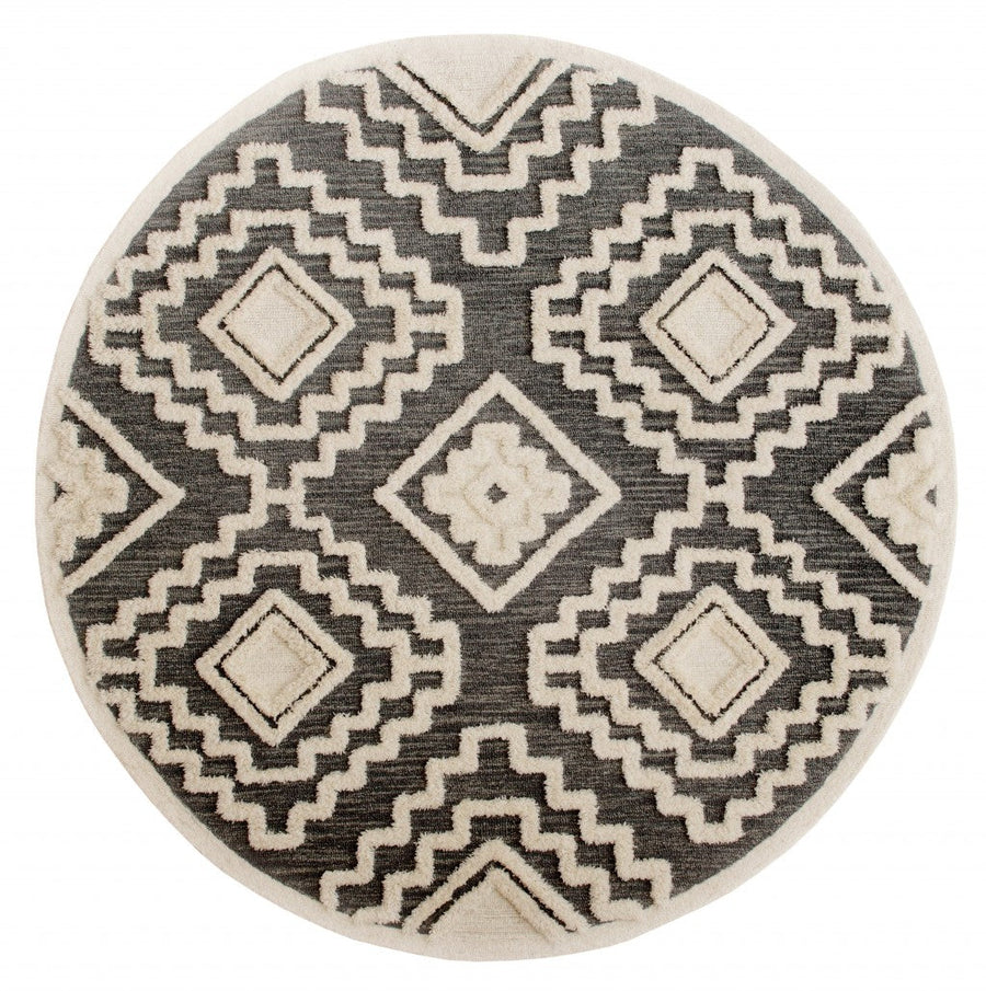 4 Round Gray and Cream Geometric Area Rug Image 1