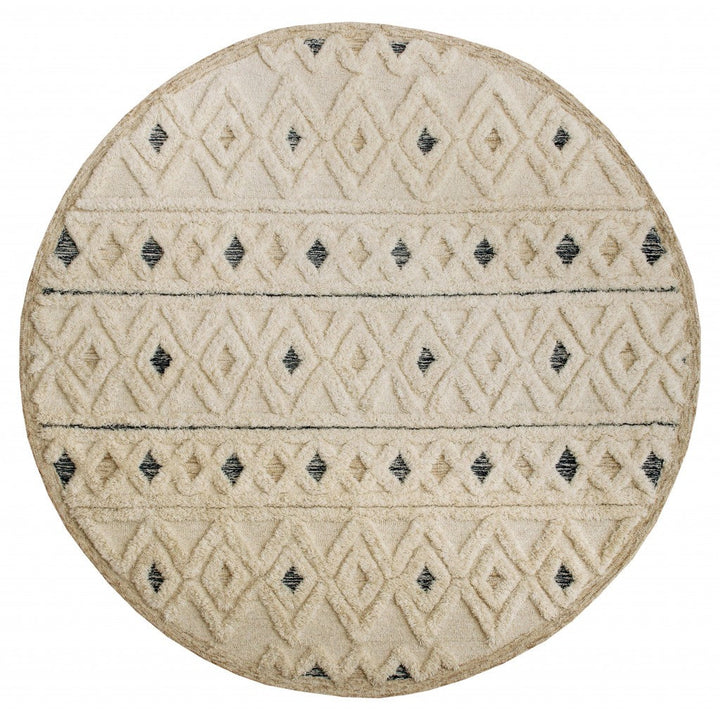 4 Round Cream and Blue Stripe Diamond Area Rug Image 11