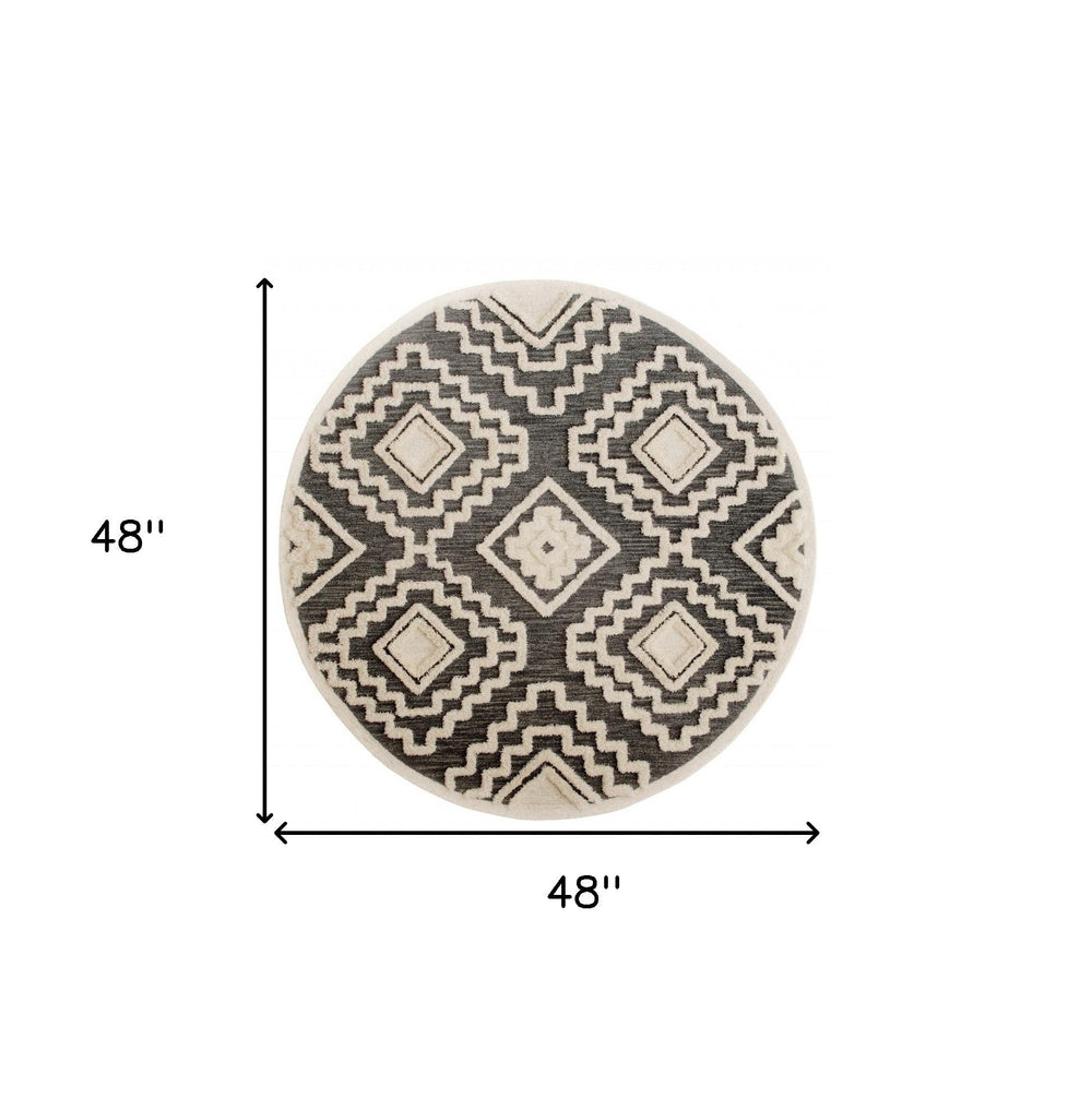 4 Round Gray and Cream Geometric Area Rug Image 2