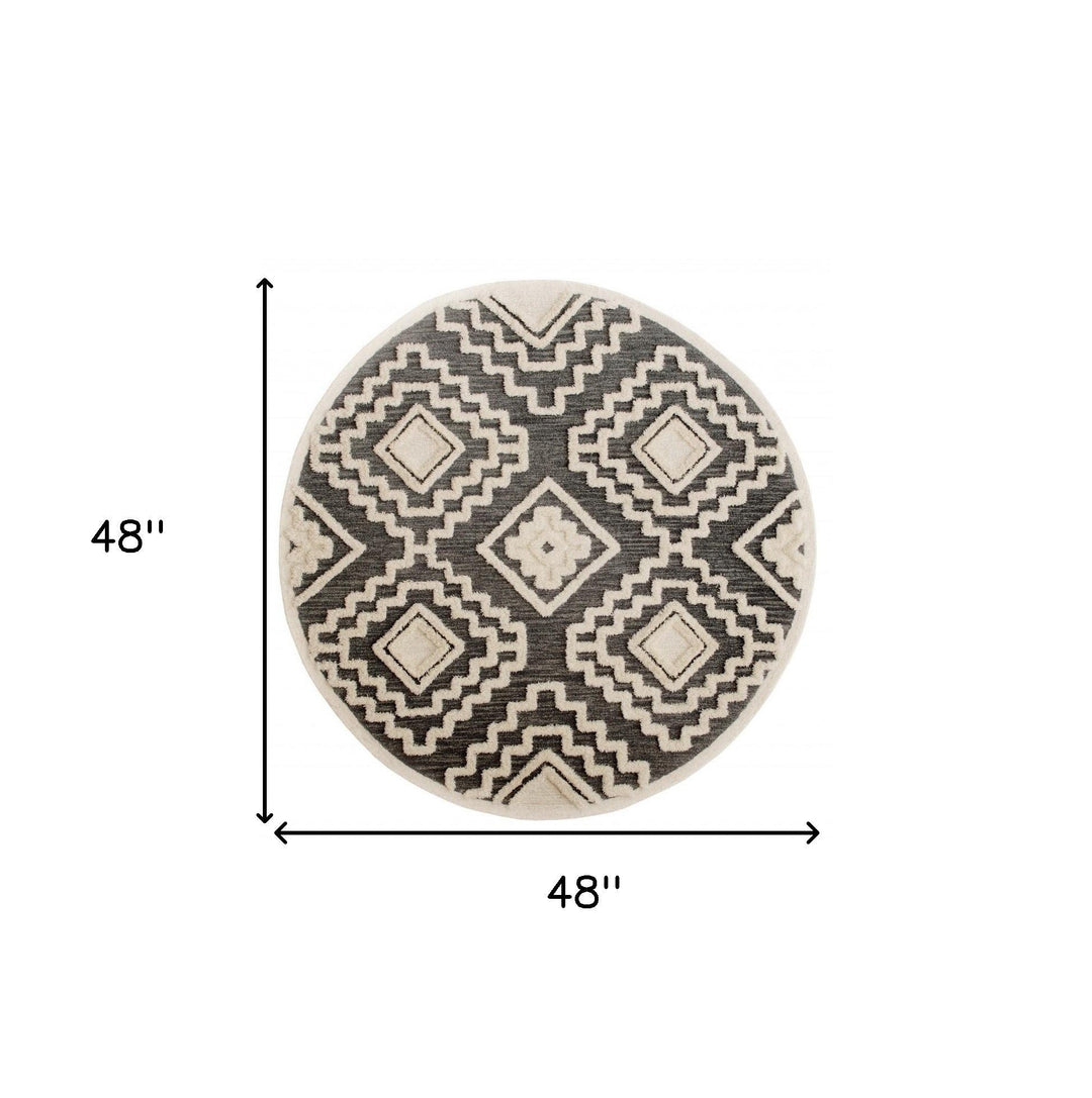 4 Round Gray and Cream Geometric Area Rug Image 1