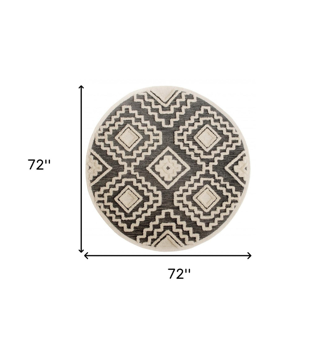 4 Round Gray and Cream Geometric Area Rug Image 3