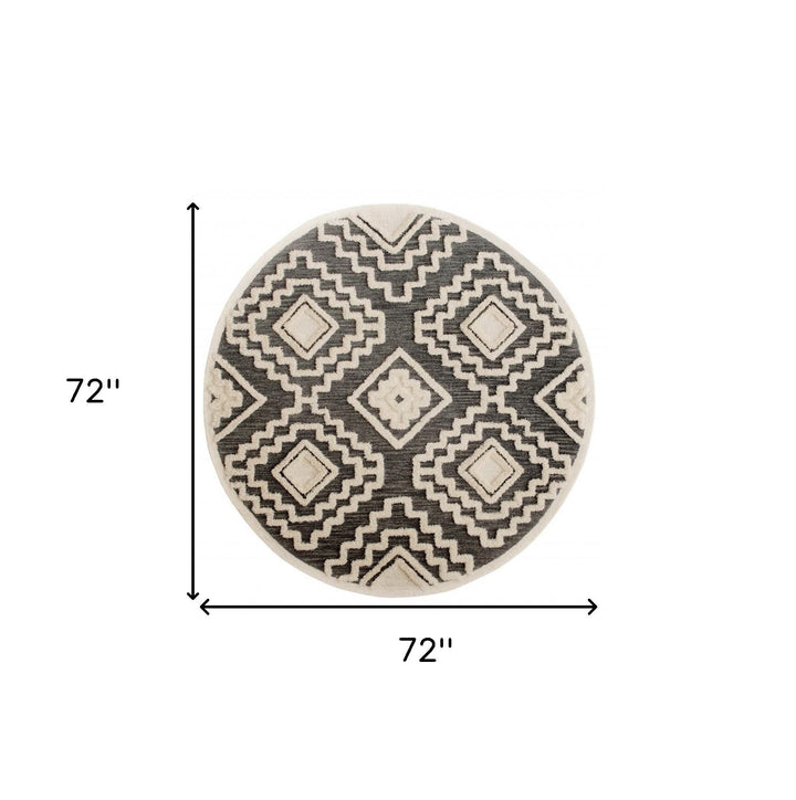 4 Round Gray and Cream Geometric Area Rug Image 3