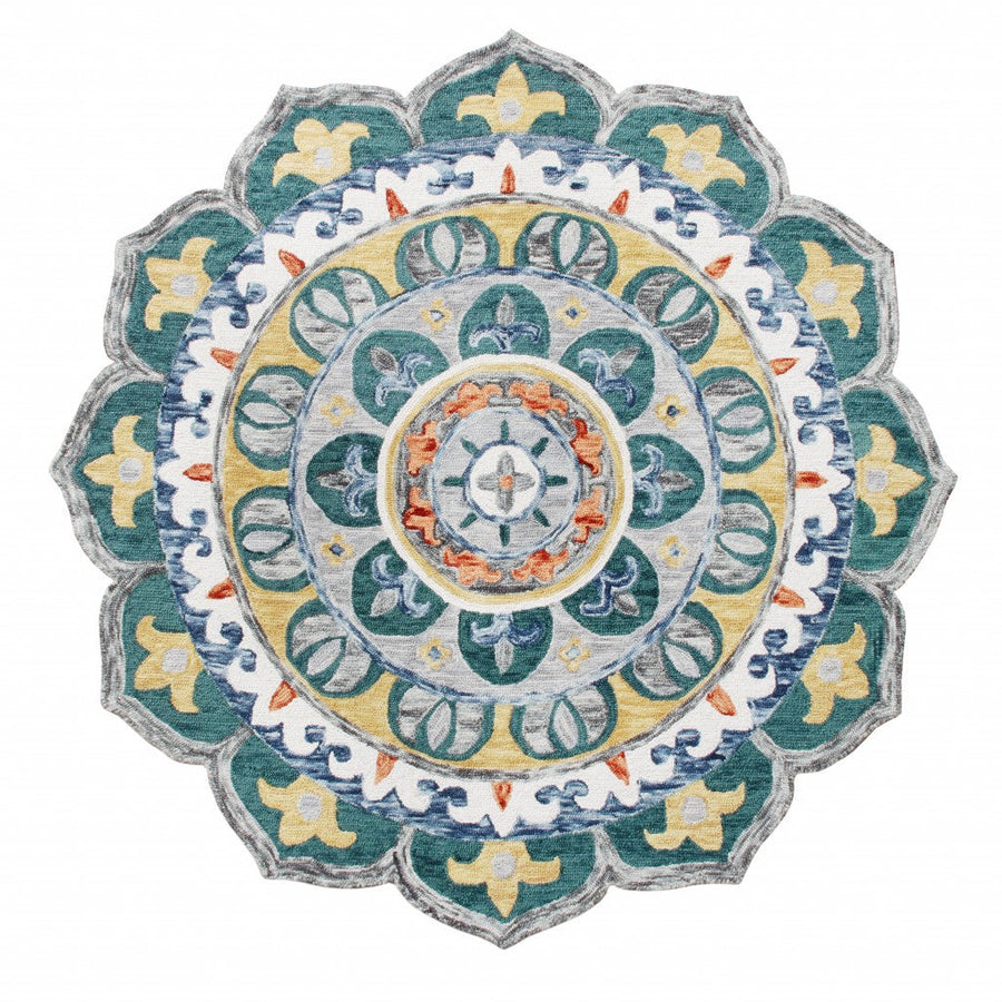 4 Round Teal Floral Mandala Area Rug Image 1