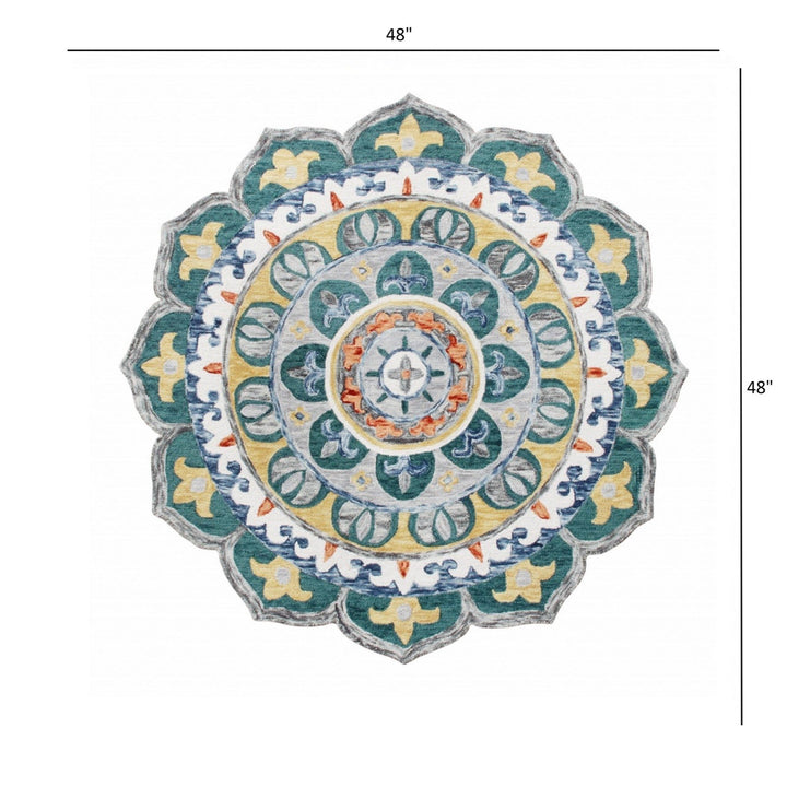 4 Round Teal Floral Mandala Area Rug Image 1