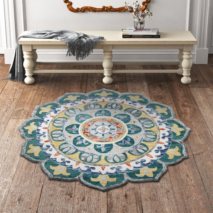 4 Round Teal Floral Mandala Area Rug Image 3