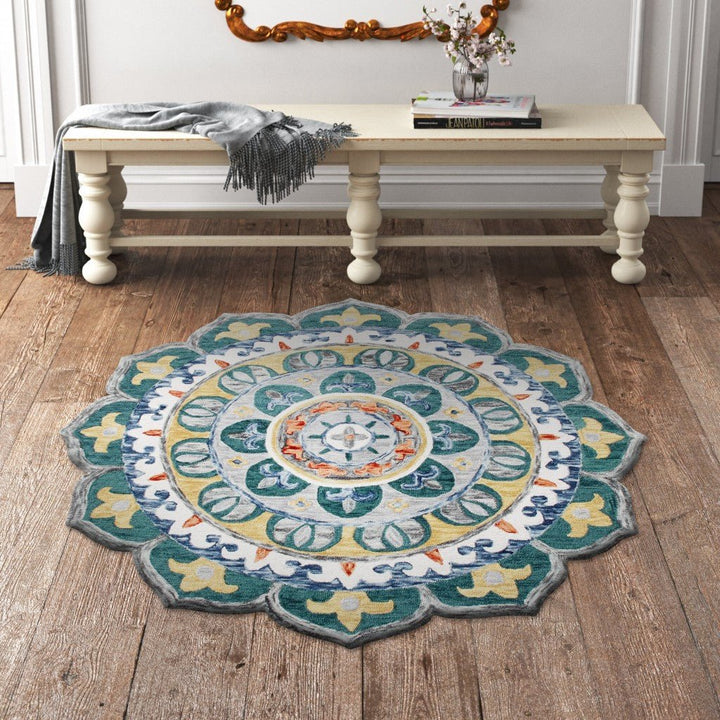 4 Round Teal Floral Mandala Area Rug Image 1