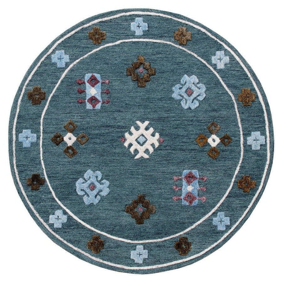 5 Blue Round Wool Hand Hooked Handmade Area Rug Image 1