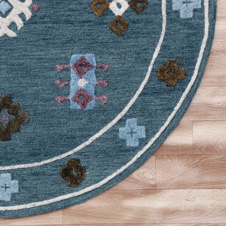 5 Blue Round Wool Hand Hooked Handmade Area Rug Image 6