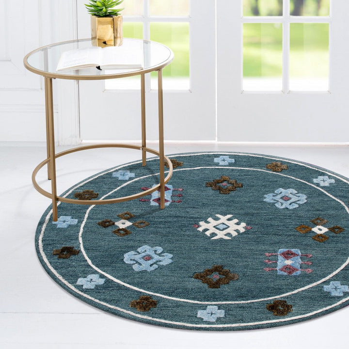 5 Blue Round Wool Hand Hooked Handmade Area Rug Image 8