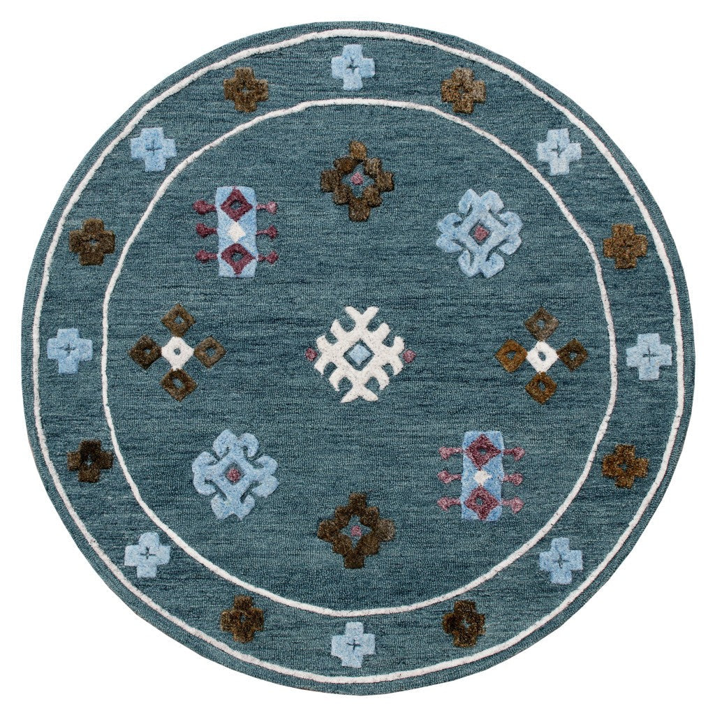 5 Blue Round Wool Hand Hooked Handmade Area Rug Image 9