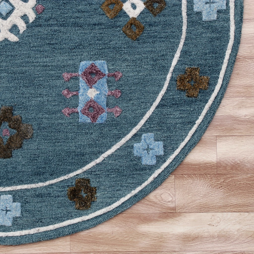 5 Blue Round Wool Hand Hooked Handmade Area Rug Image 12