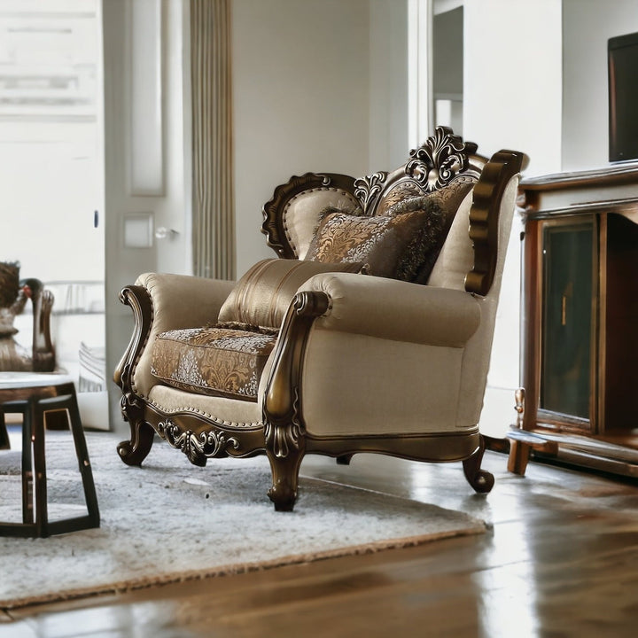 49" Tan And Brown Fabric Floral Tufted Wingback Chair Image 4