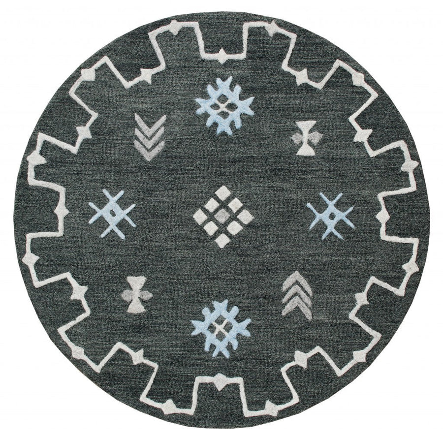 5 Charcoal Round Wool Hand Hooked Handmade Area Rug Image 1