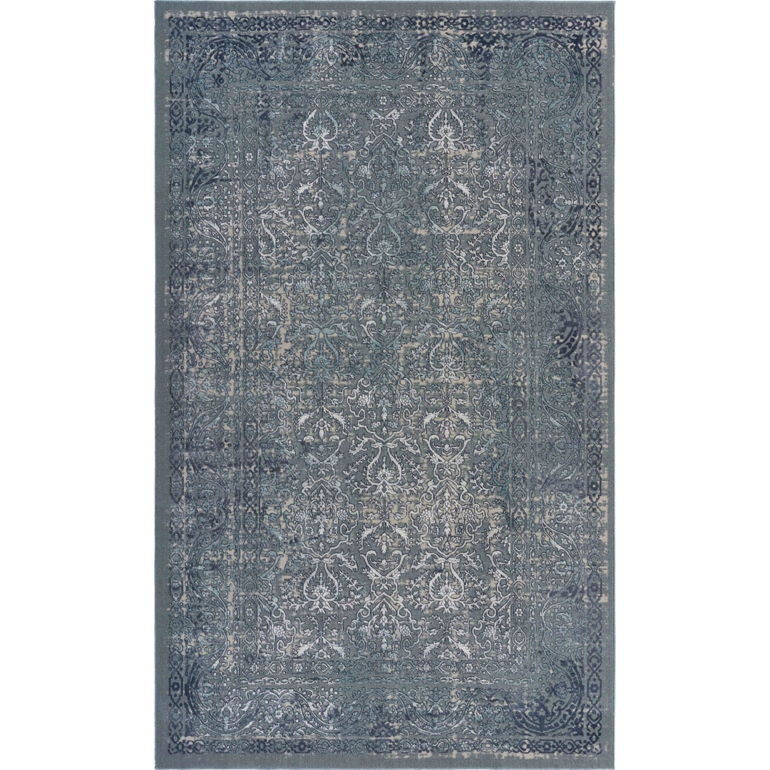 5 X 8 Blue Silver Gray And Cream Damask Distressed Stain Resistant Area Rug Image 1