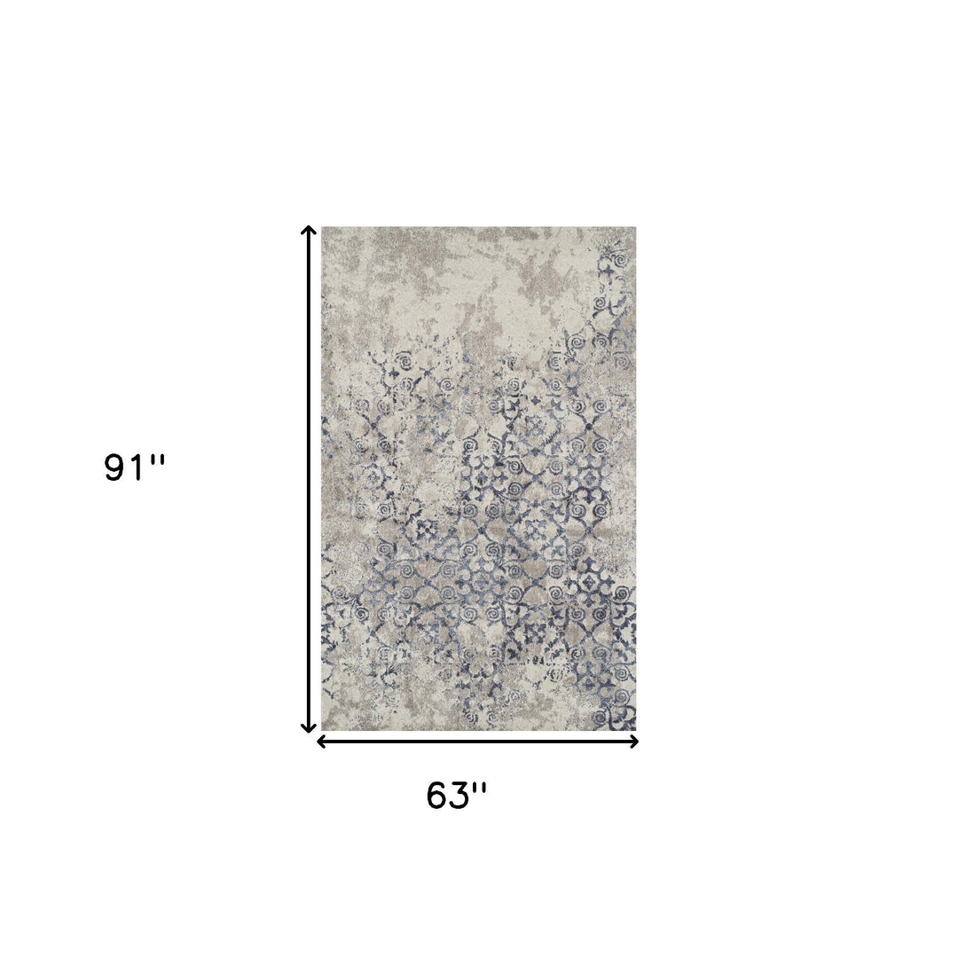 5 x 8 Blue and Ivory Oriental Distressed Area Rug Image 9