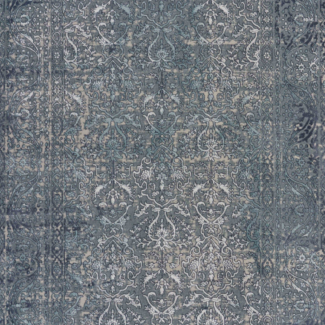 5 X 8 Blue Silver Gray And Cream Damask Distressed Stain Resistant Area Rug Image 2