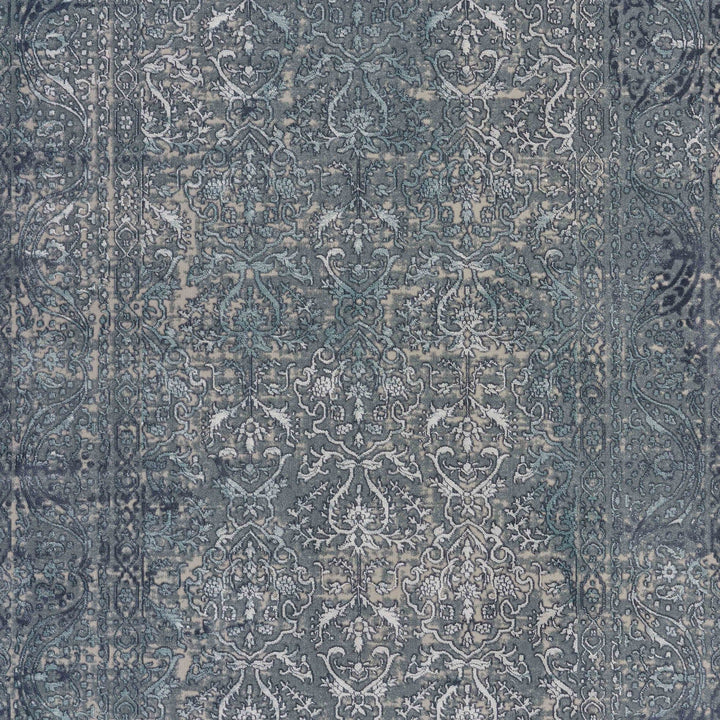 5 X 8 Blue Silver Gray And Cream Damask Distressed Stain Resistant Area Rug Image 2