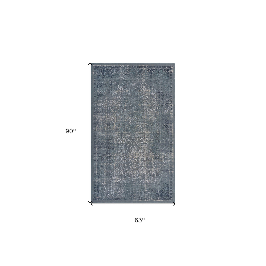 5 X 8 Blue Silver Gray And Cream Damask Distressed Stain Resistant Area Rug Image 8