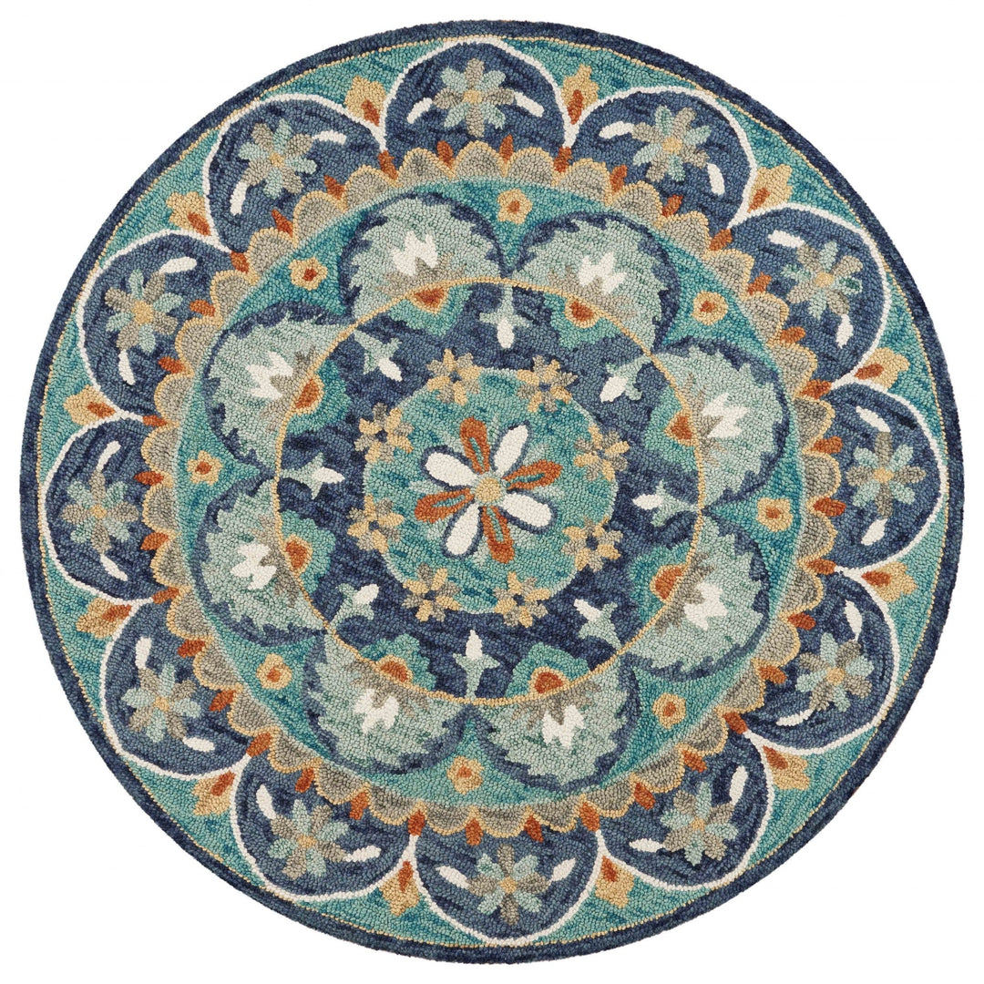 6 Blue And Green Round Wool Floral Hand Tufted Area Rug Image 1