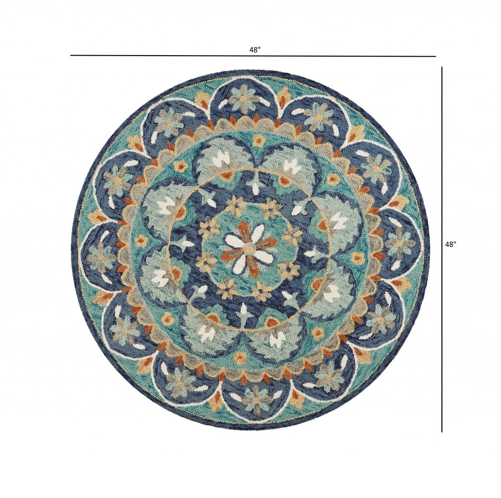 6 Blue And Green Round Wool Floral Hand Tufted Area Rug Image 2