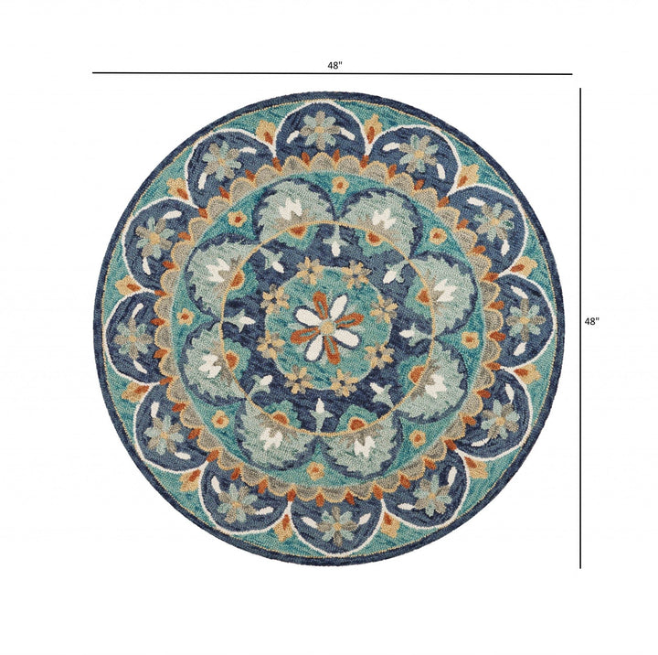 6 Blue And Green Round Wool Floral Hand Tufted Area Rug Image 1