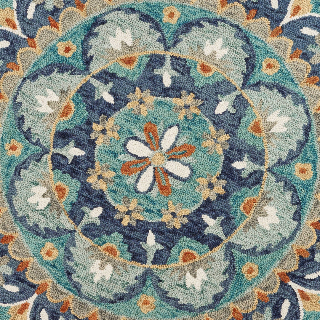 6 Blue And Green Round Wool Floral Hand Tufted Area Rug Image 4