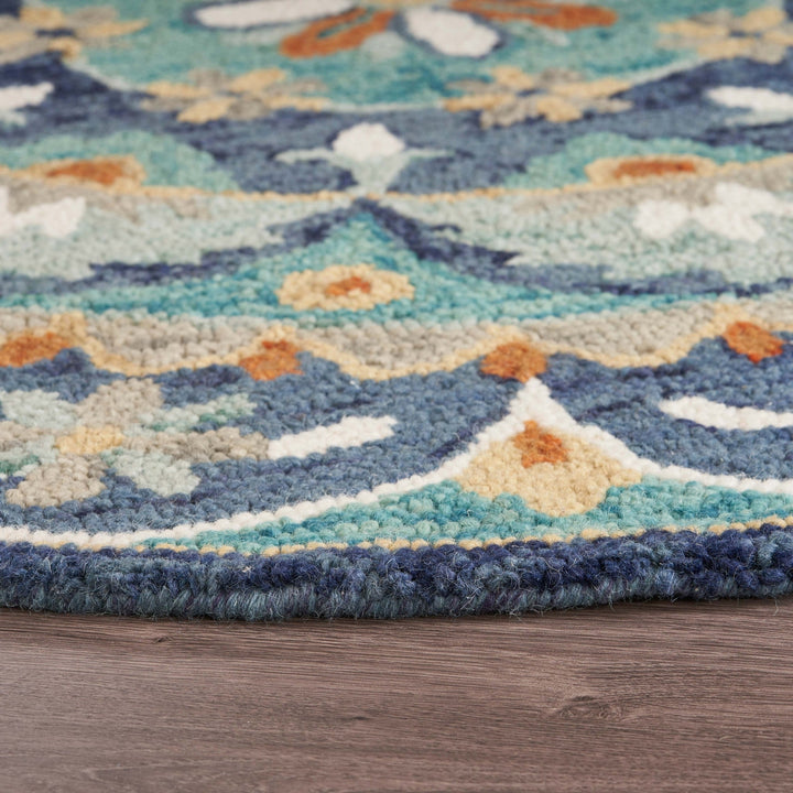 6 Blue And Green Round Wool Floral Hand Tufted Area Rug Image 5