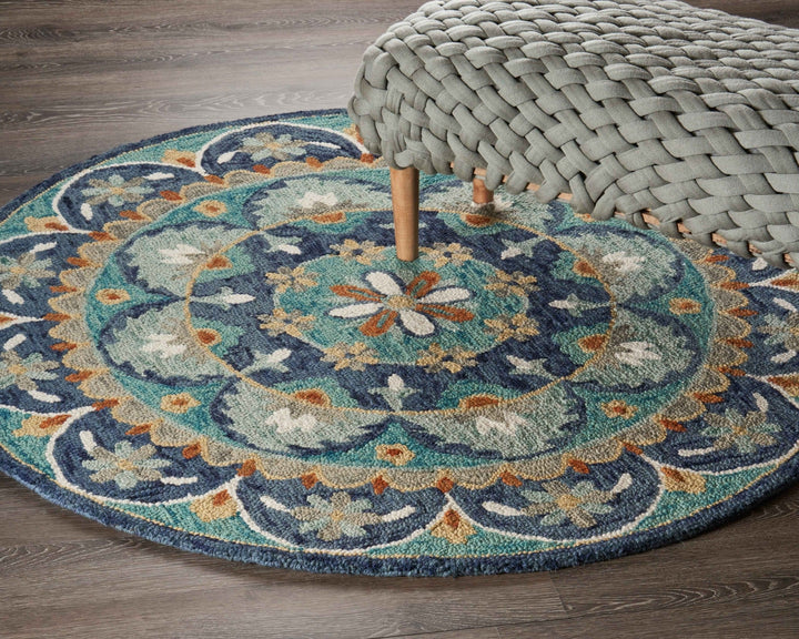 6 Blue And Green Round Wool Floral Hand Tufted Area Rug Image 9