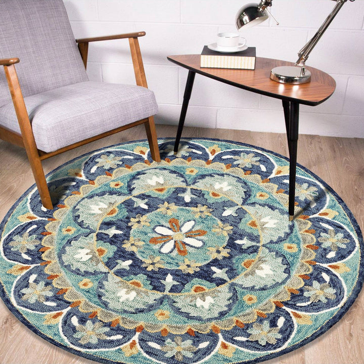 6 Blue And Green Round Wool Floral Hand Tufted Area Rug Image 10