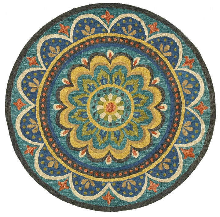 4 Blue and Orange Round Wool Floral Medallion Hand Tufted Area Rug Image 3