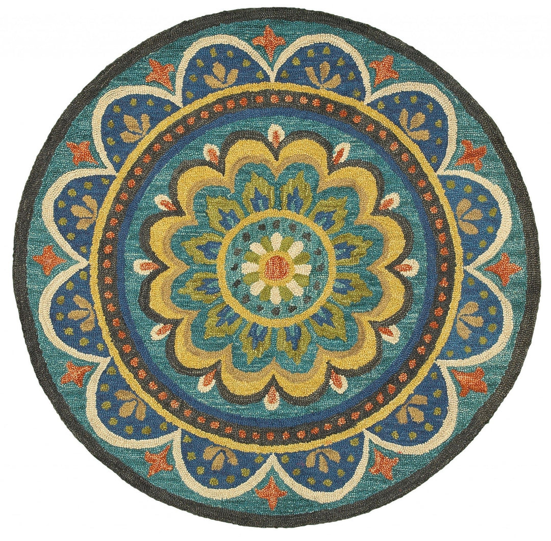 4 Blue and Orange Round Wool Floral Medallion Hand Tufted Area Rug Image 1