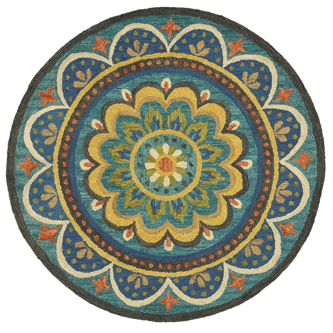 4 Blue and Orange Round Wool Floral Medallion Hand Tufted Area Rug Image 1