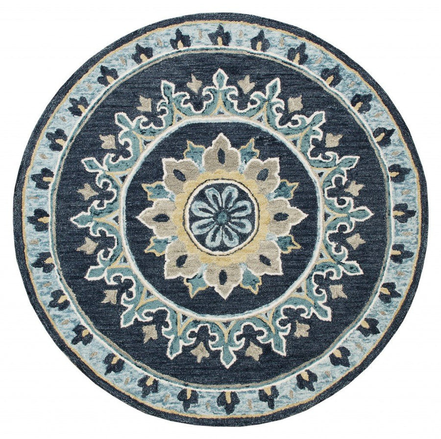 5 Round Blue Floral Medallion Area Rug Image 1