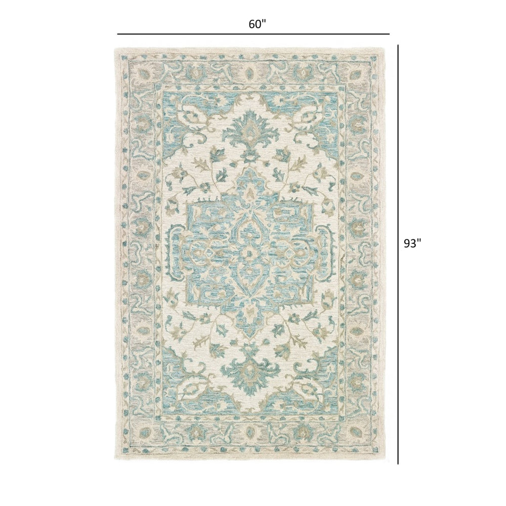 5 x 8 Turquoise and Cream Medallion Area Rug Image 2