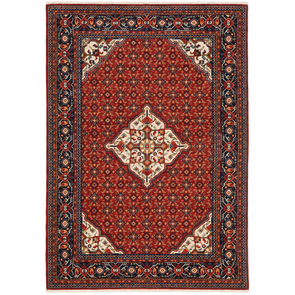 5 X 8 Red Blue Ivory And Orange Oriental Power Loom Stain Resistant Area Rug With Fringe Image 1