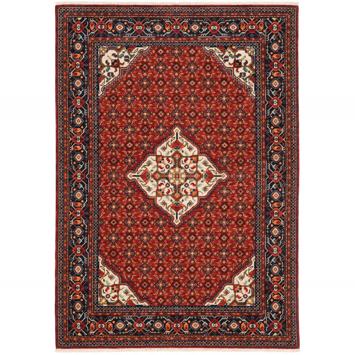 5 X 8 Red Blue Ivory And Orange Oriental Power Loom Stain Resistant Area Rug With Fringe Image 1