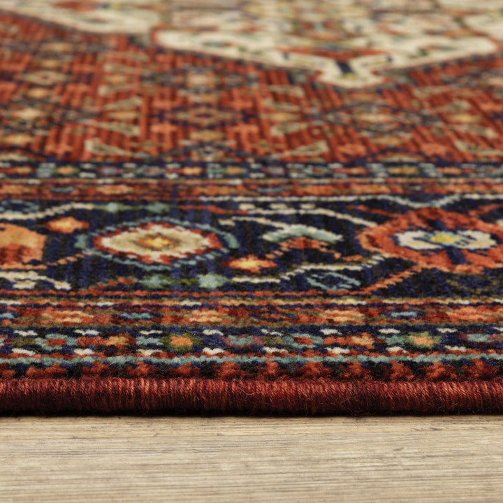 5 X 8 Red Blue Ivory And Orange Oriental Power Loom Stain Resistant Area Rug With Fringe Image 3