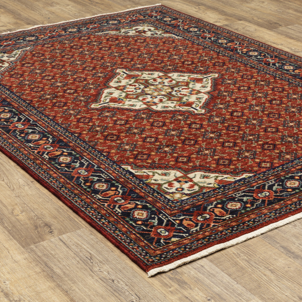 5 X 8 Red Blue Ivory And Orange Oriental Power Loom Stain Resistant Area Rug With Fringe Image 4