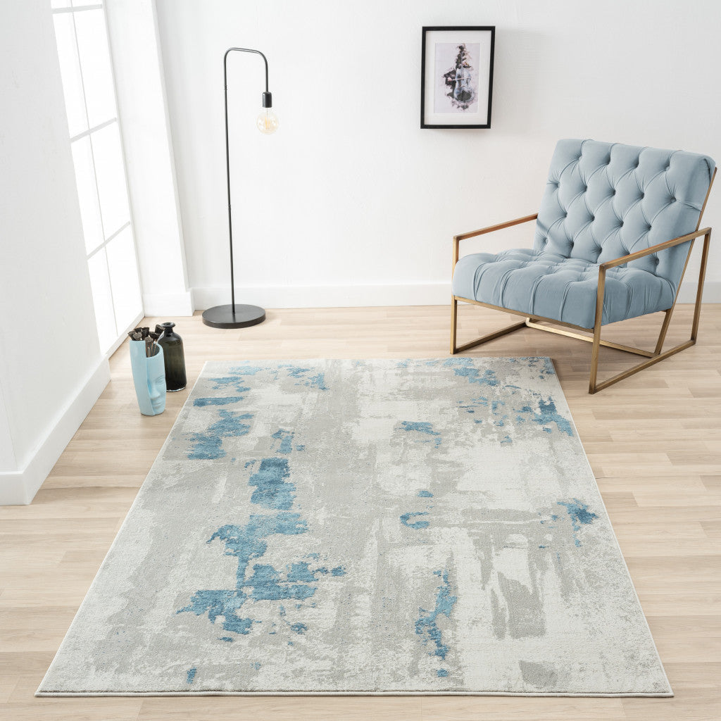 5 X 8 Ivory Gray And Blue Abstract Power Loom Stain Resistant Area Rug Image 7