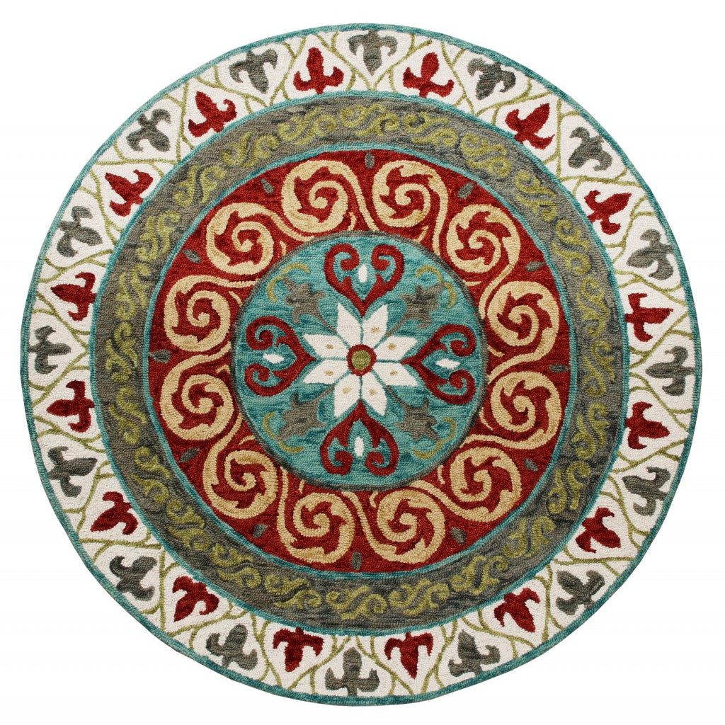 5 Round Red and Sage Medallion Area Rug Image 1