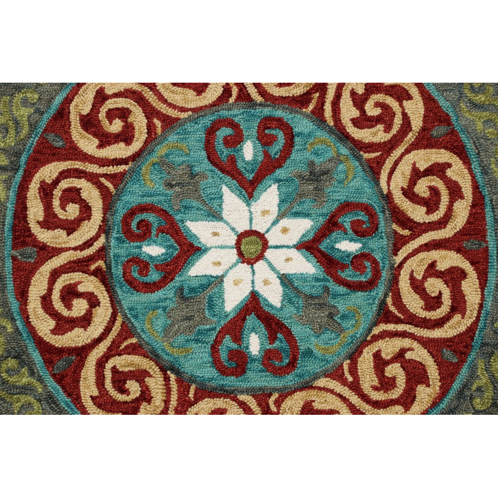 5 Round Red and Sage Medallion Area Rug Image 2