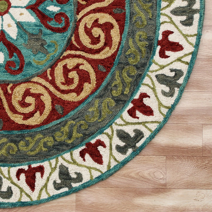 5 Round Red and Sage Medallion Area Rug Image 4