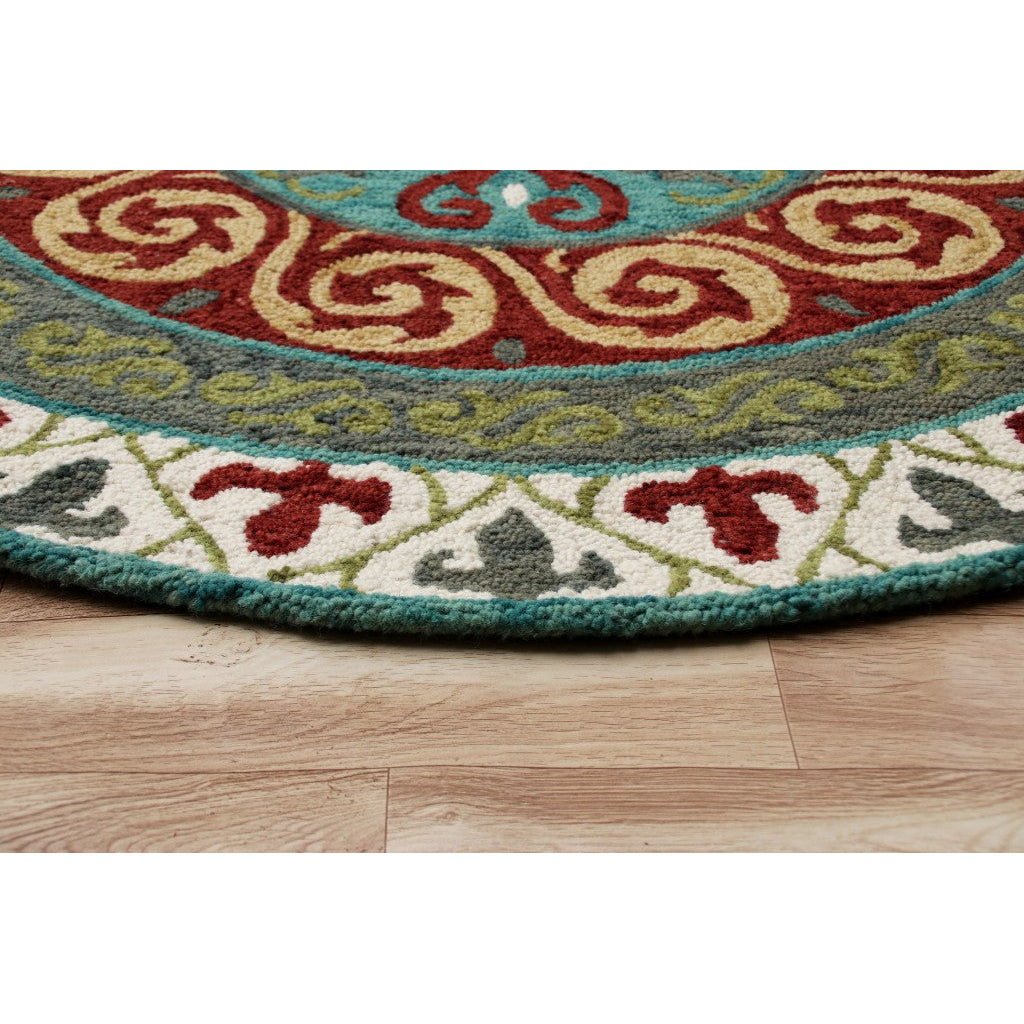 5 Round Red and Sage Medallion Area Rug Image 5