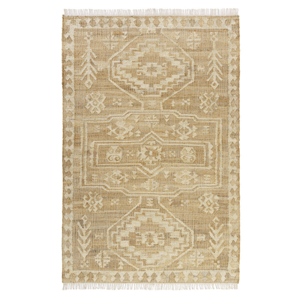 8 Runner Natural and Ivory Medallion Hand Woven Area Rug Image 1